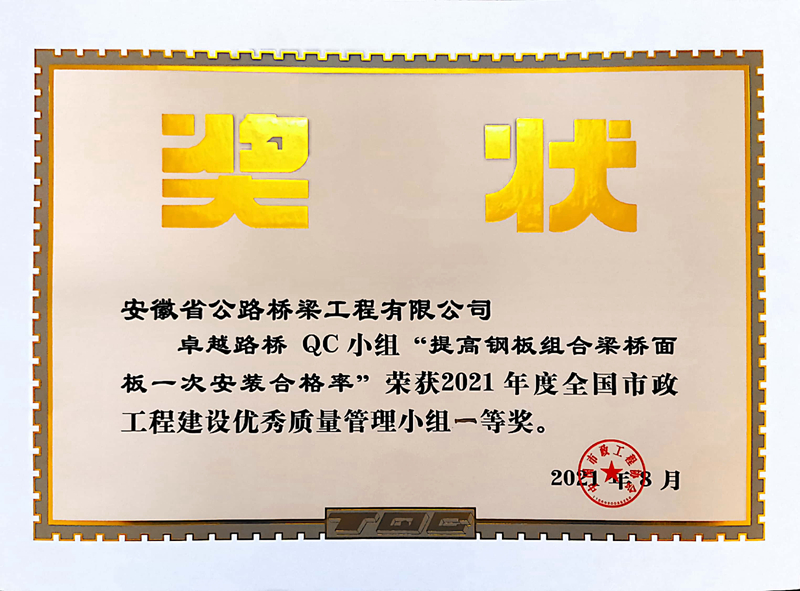 4卓越路桥QC小组《提高钢板组合梁桥面板一安装合格率》2021年度全国市政工程建设优秀质量管理小组一等奖